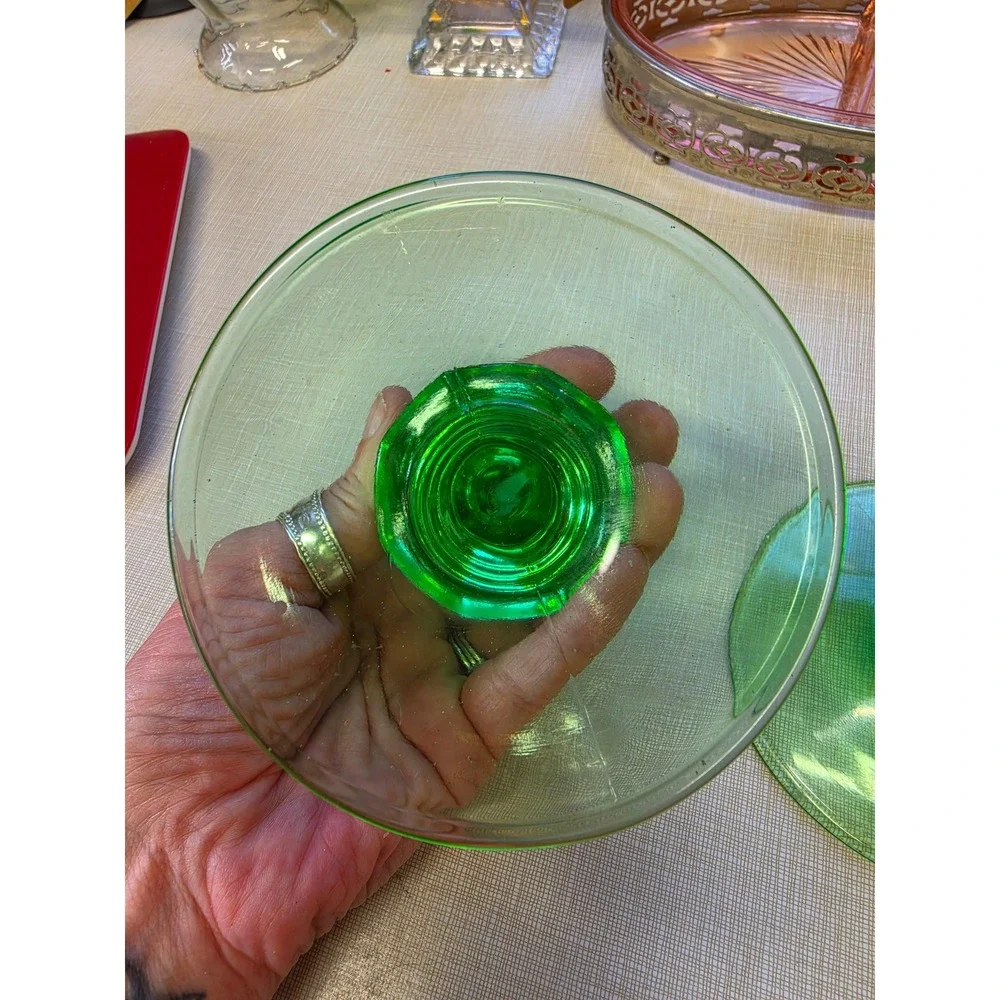 Vintage Green Uranium Glass Candlesticks Hexagonal Base Pair UV Glow Vaseline